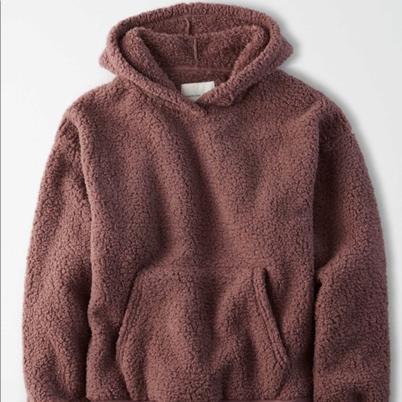 American Eagle Fluffy Sherpa Hooded Teddy Sweater in Dark Plum - Picture 6 of 6